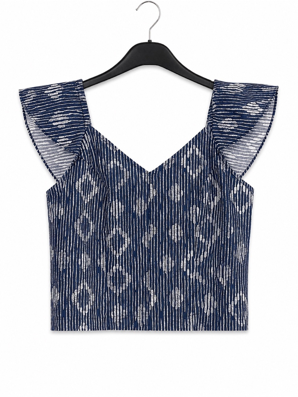 a.n.a Navy Ikat V-Neck Crop Top with Flutter Sleeves